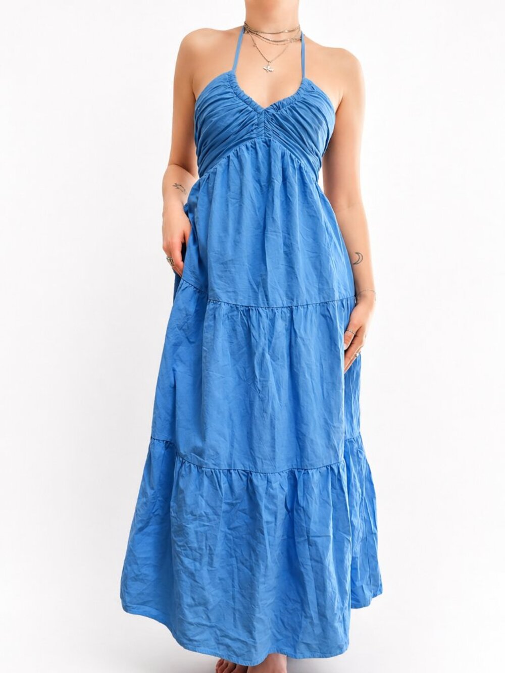 100% Cotton Blue Halter Maxi Dress